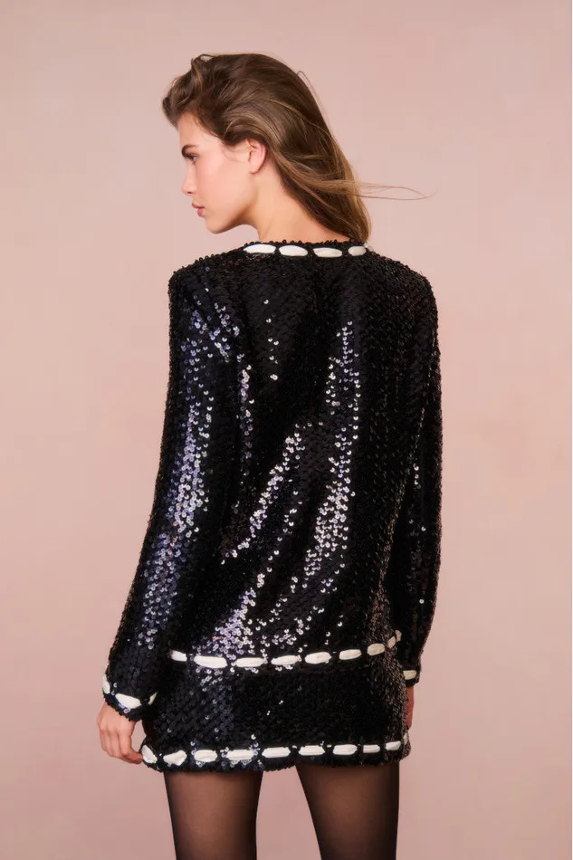 Women Jackets and Coats LoveShackFancy Rosina Ribbon Sequined Jacket Black