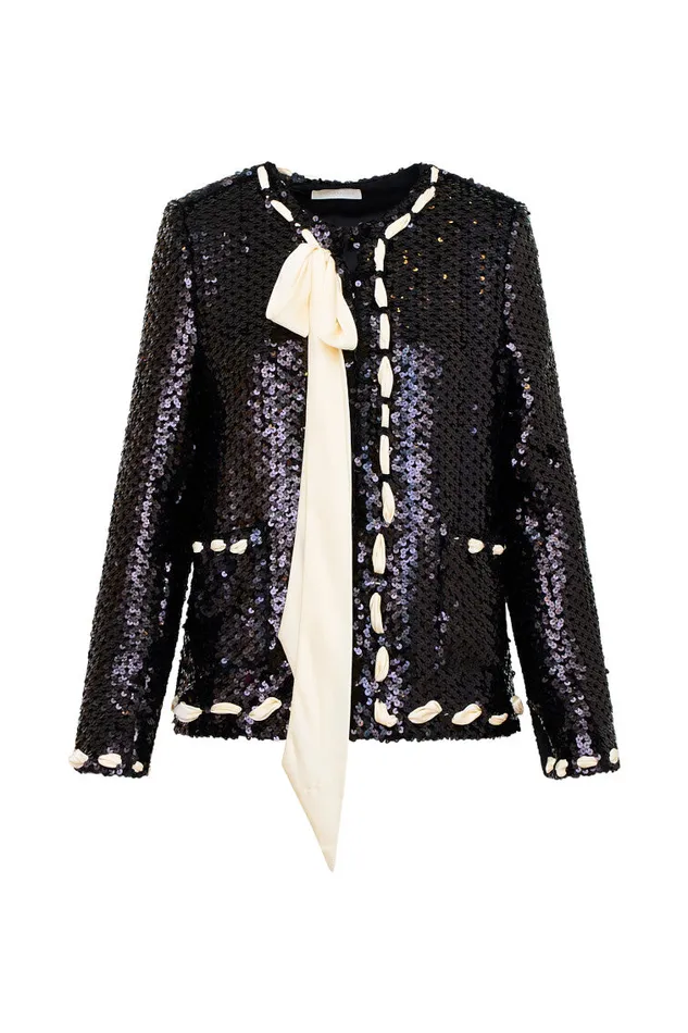 Women Jackets and Coats LoveShackFancy Rosina Ribbon Sequined Jacket Black