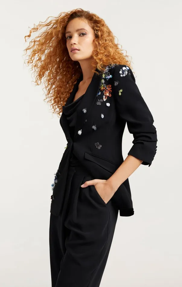 Women Jackets Cinq Sept Sequin Flower Scrunched Cheyenne Blazer Blackmulti