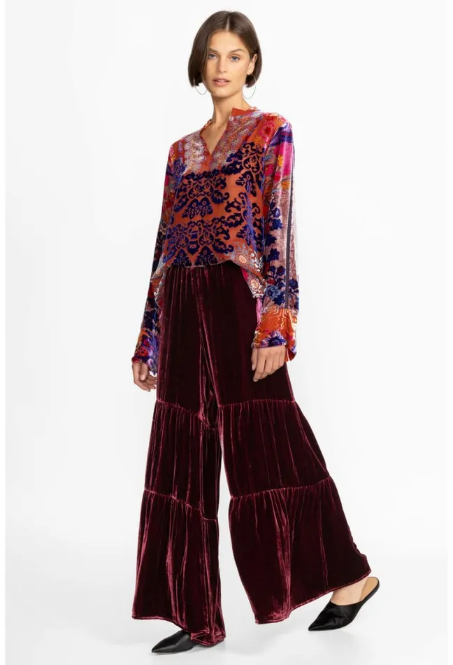 Women Johnny Was Bottoms Black Velvet Tiered Wide Leg Pant Dark Spice