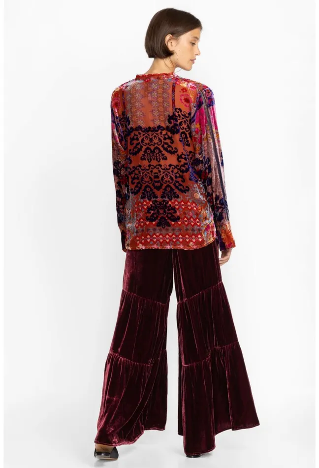 Women Johnny Was Bottoms Black Velvet Tiered Wide Leg Pant Dark Spice