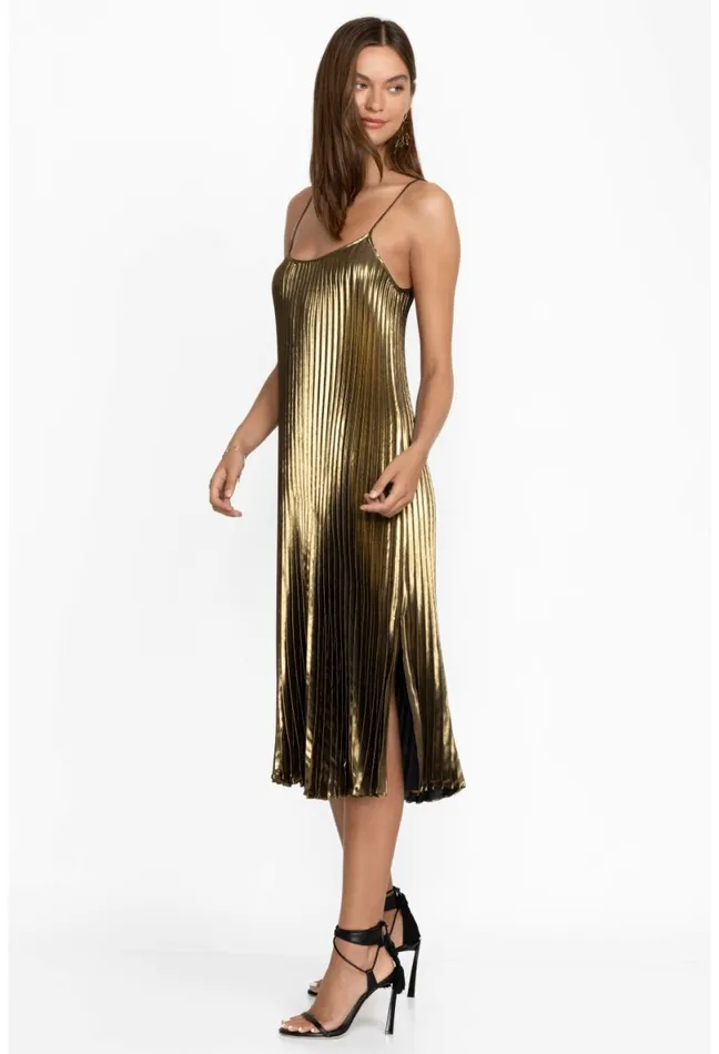 Women Johnny Was Dresses Golden Gem Pleated Midi Dress Gold