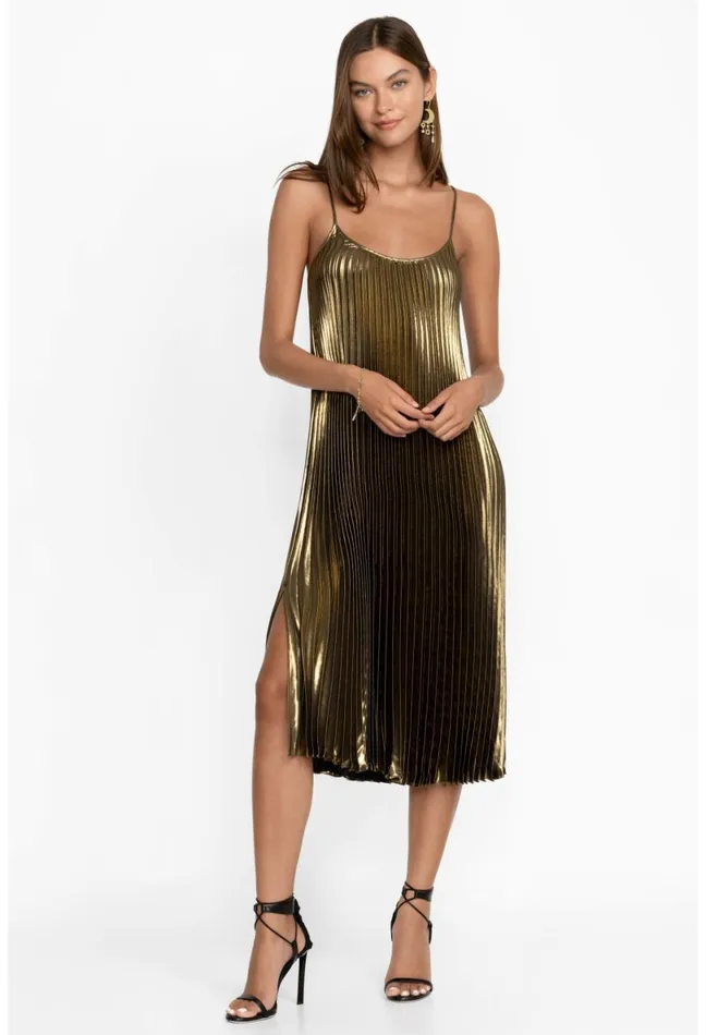 Women Johnny Was Dresses Golden Gem Pleated Midi Dress Gold
