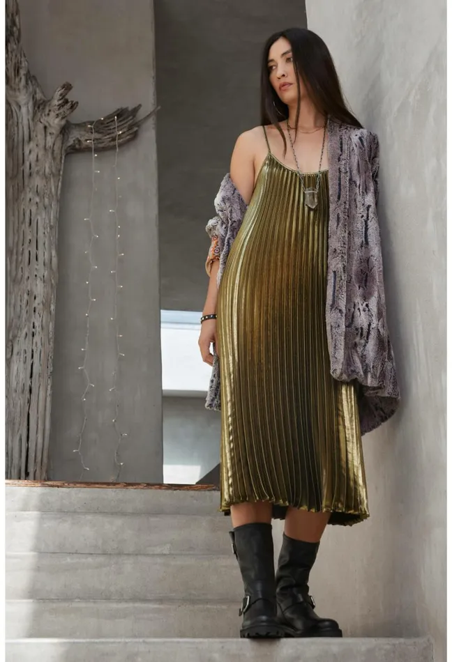 Women Johnny Was Dresses Golden Gem Pleated Midi Dress Gold