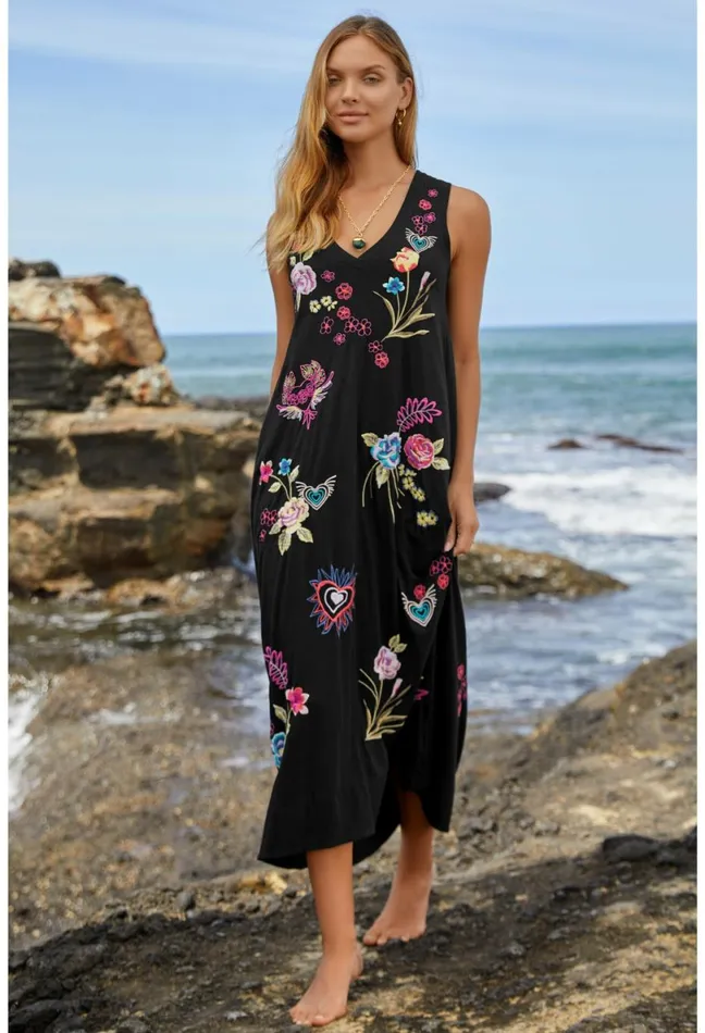 Women Johnny Was Dresses Jessi Knit VNeck Maxi Dress Black