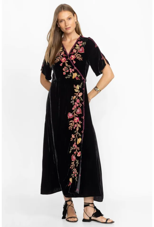 Women Johnny Was Dresses Lilith Velvet Wrap Dress Black