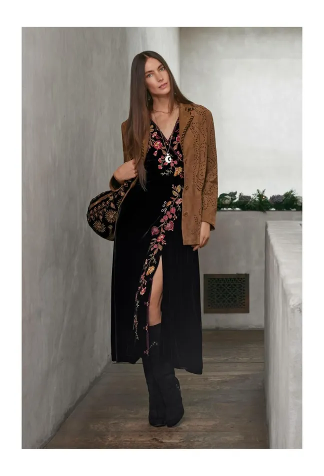 Women Johnny Was Dresses Lilith Velvet Wrap Dress Black