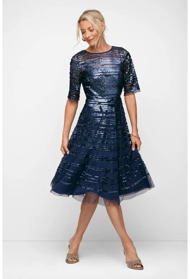 Women Johnny Was Dresses Navy Beaded Mesh Dress Navy