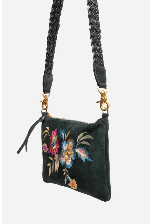 Women Johnny Was Handbags Floreale Italian Suede Clutch Crossbody Dunkel