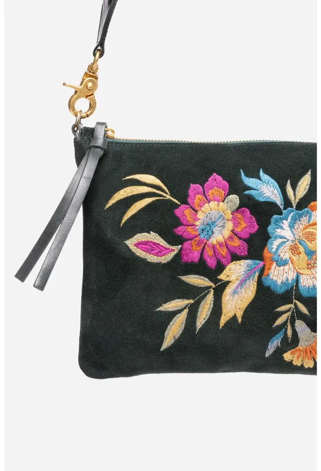 Women Johnny Was Handbags Floreale Italian Suede Clutch Crossbody Dunkel