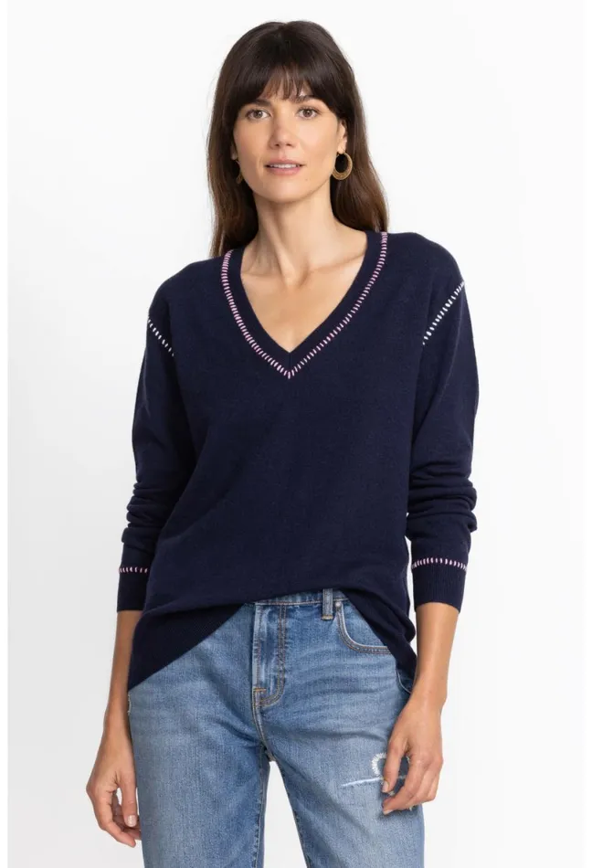 Women Johnny Was Tops Carter VNeck Pullover Navy