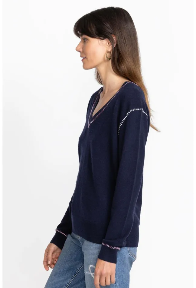 Women Johnny Was Tops Carter VNeck Pullover Navy