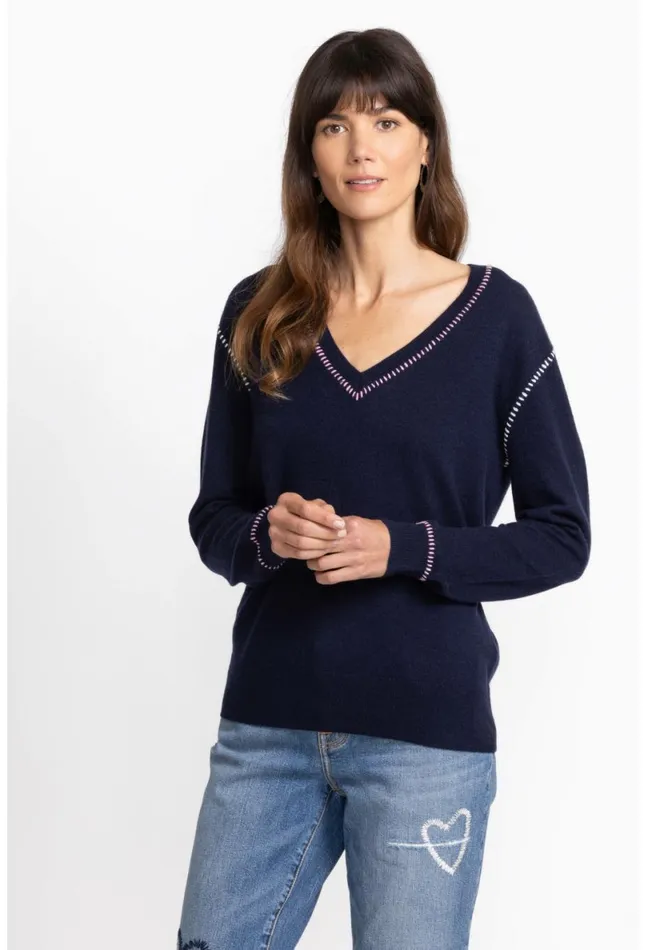 Women Johnny Was Tops Carter VNeck Pullover Navy