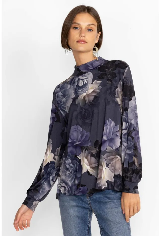 Women Johnny Was Tops Grey Peony Puff Sleeve Mock Neck Grey Peony