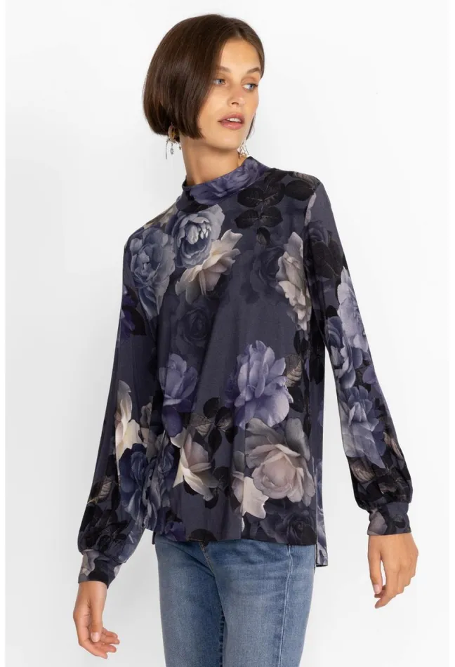 Women Johnny Was Tops Grey Peony Puff Sleeve Mock Neck Grey Peony