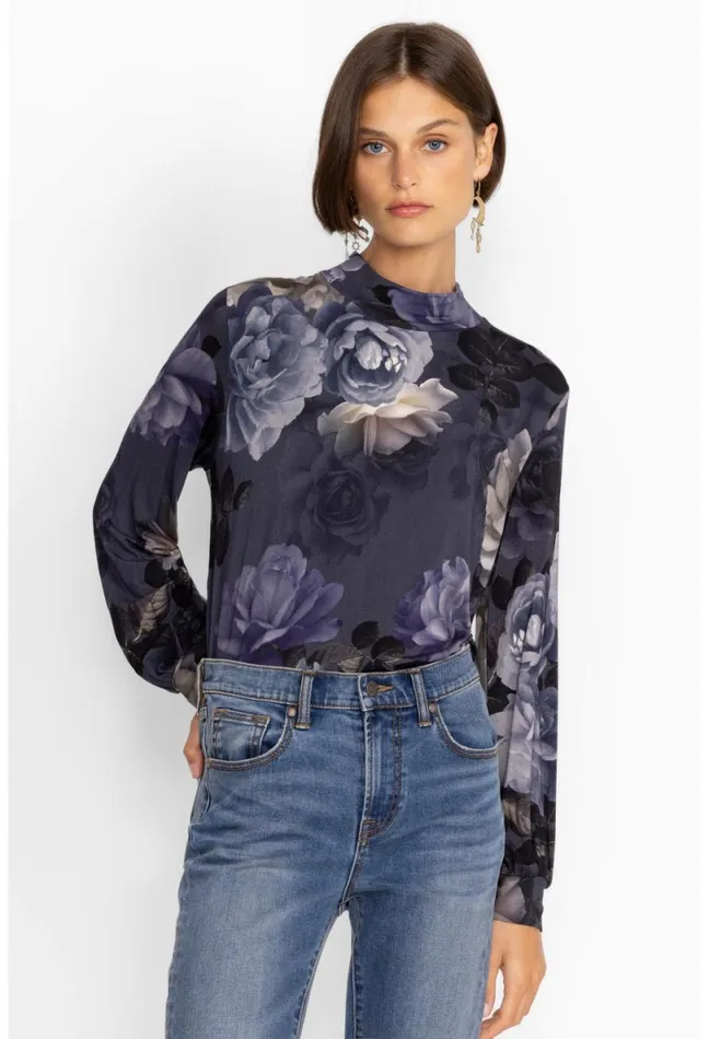Women Johnny Was Tops Grey Peony Puff Sleeve Mock Neck Grey Peony