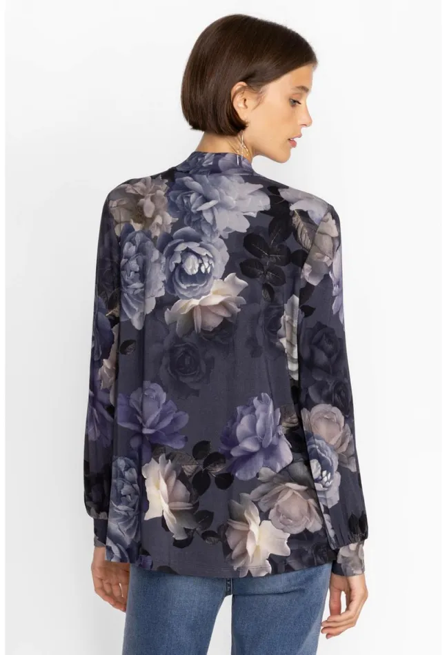 Women Johnny Was Tops Grey Peony Puff Sleeve Mock Neck Grey Peony