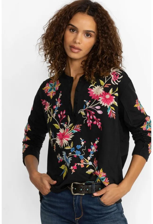 Women Johnny Was Tops Julie Raw Seam Henley Black