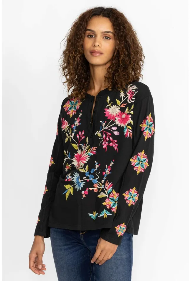 Women Johnny Was Tops Julie Raw Seam Henley Black