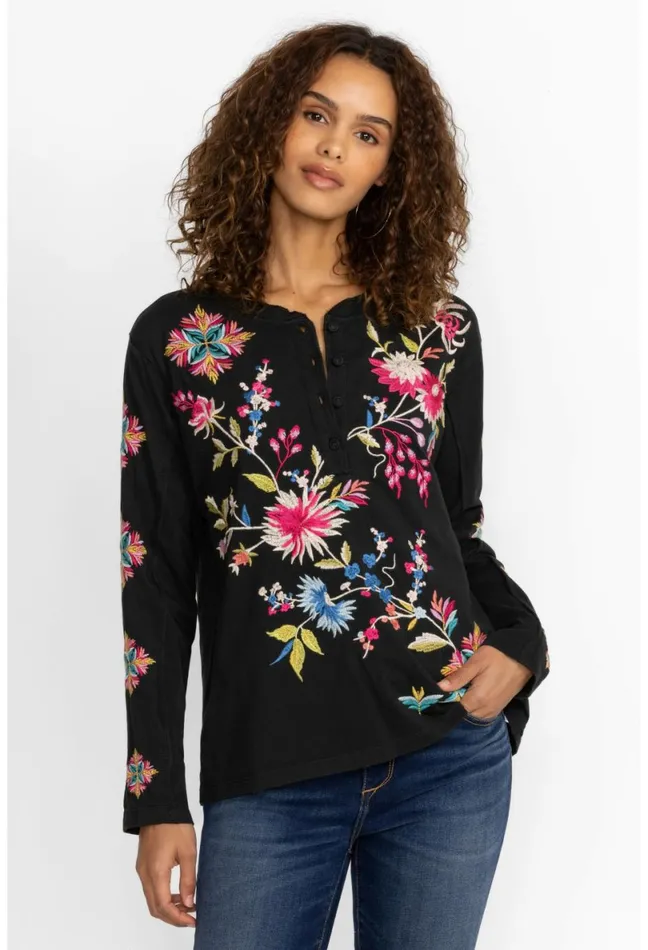 Women Johnny Was Tops Julie Raw Seam Henley Black
