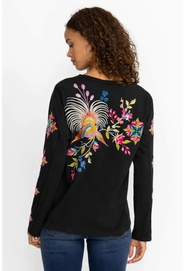 Women Johnny Was Tops Julie Raw Seam Henley Black