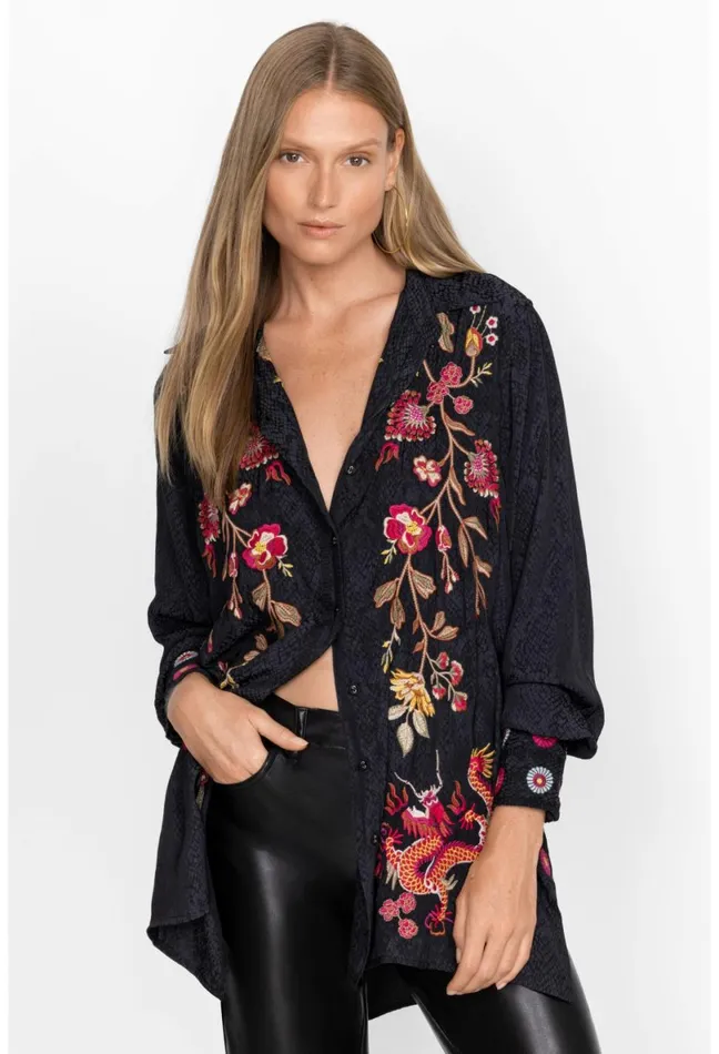 Women Johnny Was Tops Lilith High Slit Tunic Black