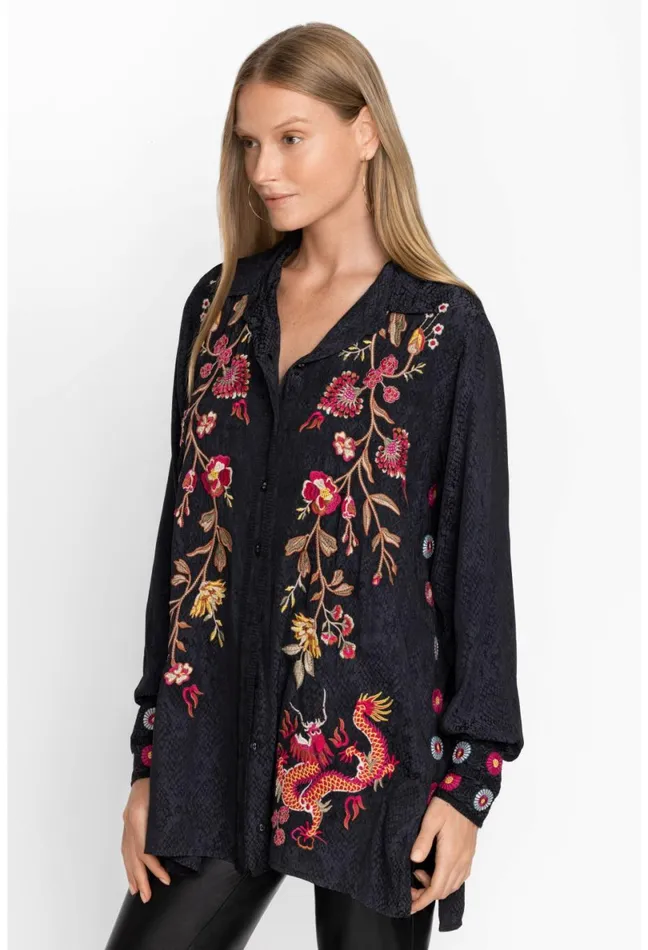 Women Johnny Was Tops Lilith High Slit Tunic Black