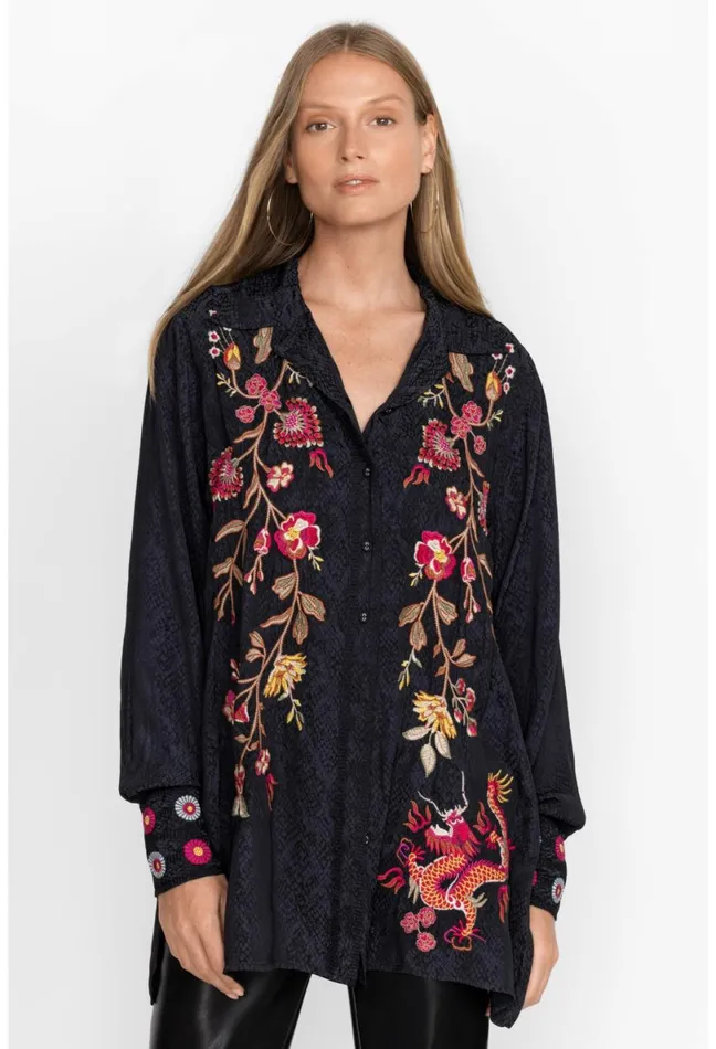 Women Johnny Was Tops Lilith High Slit Tunic Black