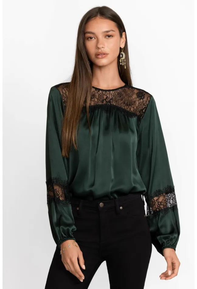 Women Johnny Was Tops Midnight Silk Blouse Emerald Green