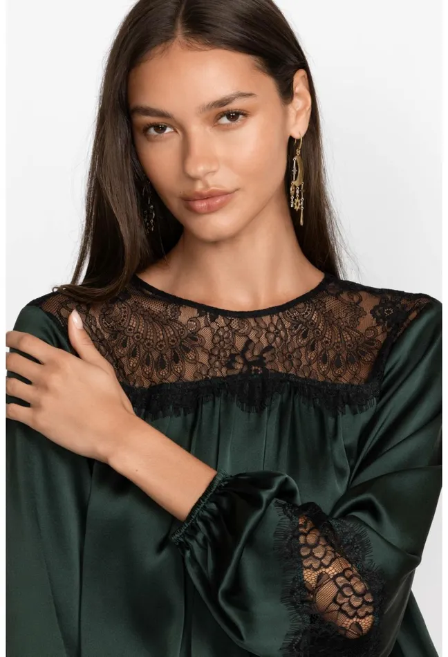 Women Johnny Was Tops Midnight Silk Blouse Emerald Green