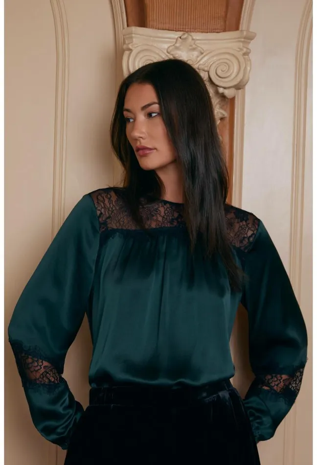 Women Johnny Was Tops Midnight Silk Blouse Emerald Green