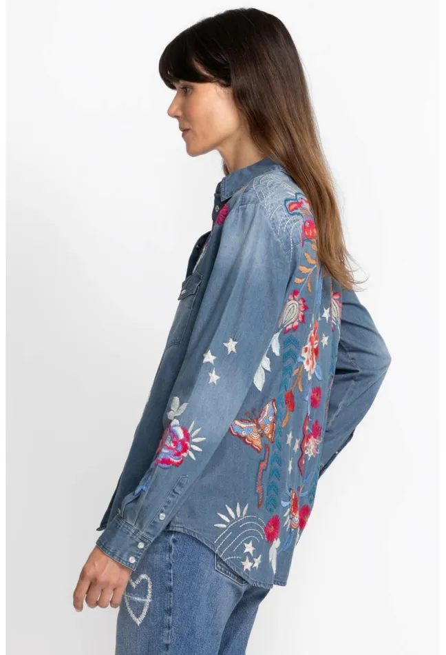Women Johnny Was Tops Mika Denim Pocket Shirt Denim Blue