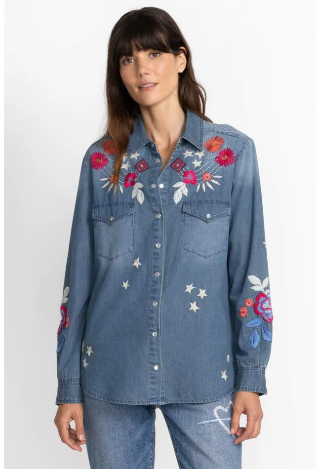 Women Johnny Was Tops Mika Denim Pocket Shirt Denim Blue