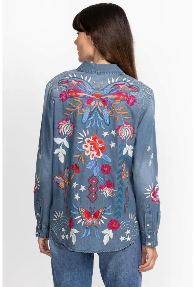 Women Johnny Was Tops Mika Denim Pocket Shirt Denim Blue