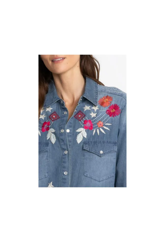 Women Johnny Was Tops Mika Denim Pocket Shirt Denim Blue