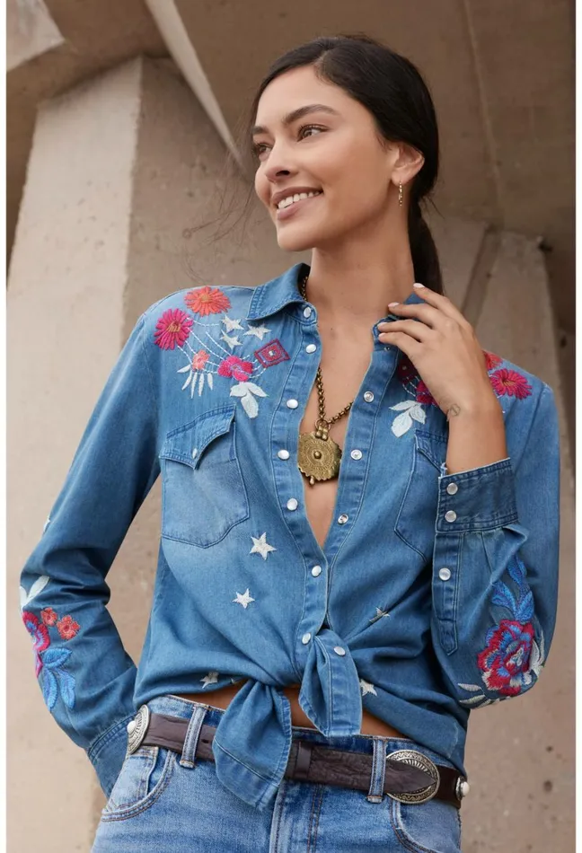 Women Johnny Was Tops Mika Denim Pocket Shirt Denim Blue