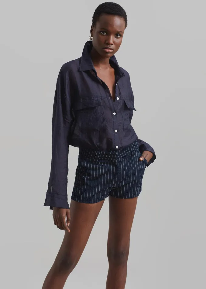 Women Kate Twill Mini Shorts 8211 NavyWhite Pinstripe The Frankie Shop Bottoms