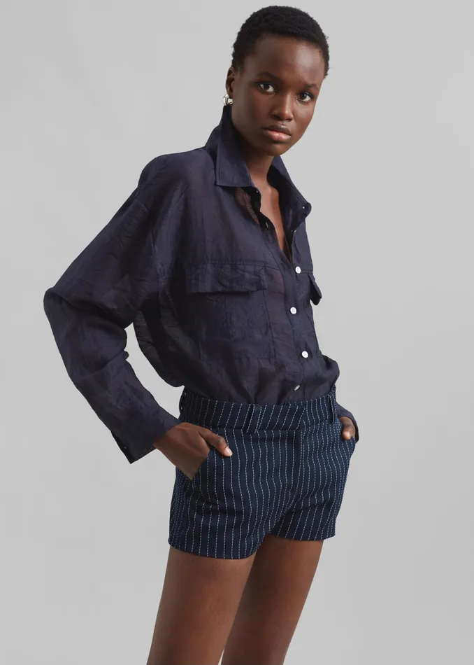 Women Kate Twill Mini Shorts 8211 NavyWhite Pinstripe The Frankie Shop Bottoms