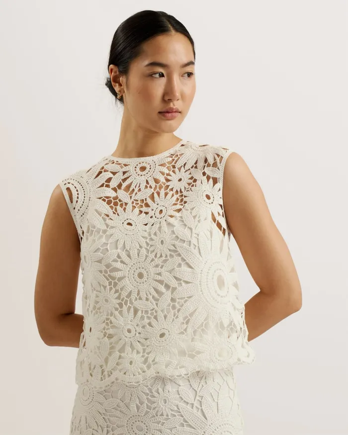 Women KATRNN 8211 Sleeveless Floral Crochet Knit Top Ivory Ted Baker Tops and Blouses
