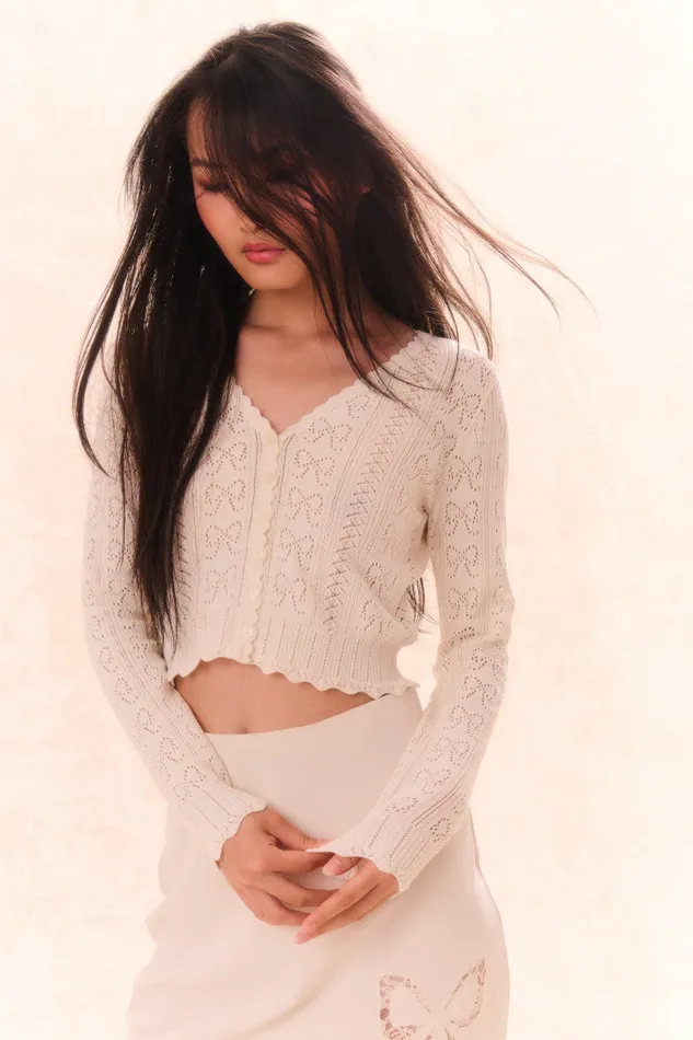 WomenKids Sweaters LoveShackFancy Petra Bow Pointelle Cardigan Ivory