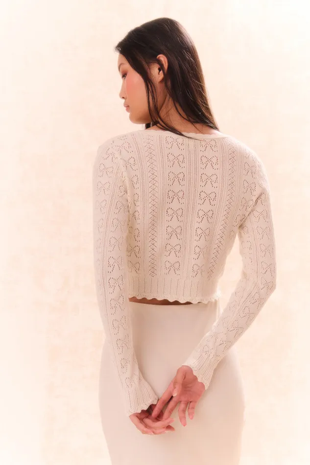WomenKids Sweaters LoveShackFancy Petra Bow Pointelle Cardigan Ivory