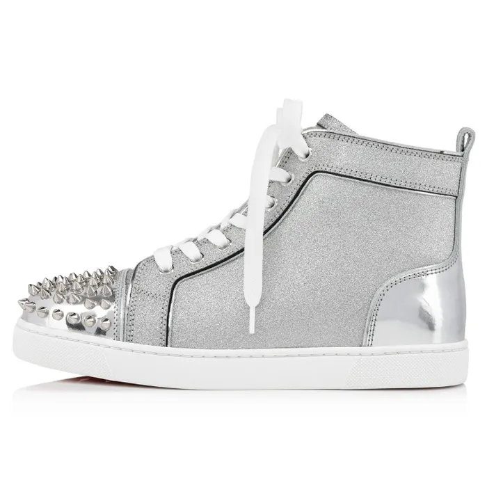 Women Lou Spikes Hightop Sneakers 8211 Specchio Leather And Glittered Calf Leather 8211 Silver Christian Louboutin Sneakers