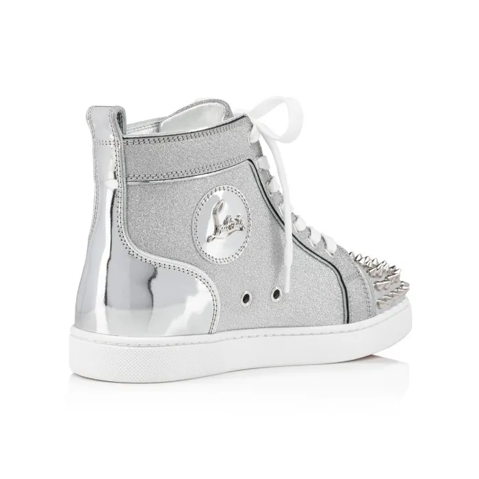 Women Lou Spikes Hightop Sneakers 8211 Specchio Leather And Glittered Calf Leather 8211 Silver Christian Louboutin Sneakers