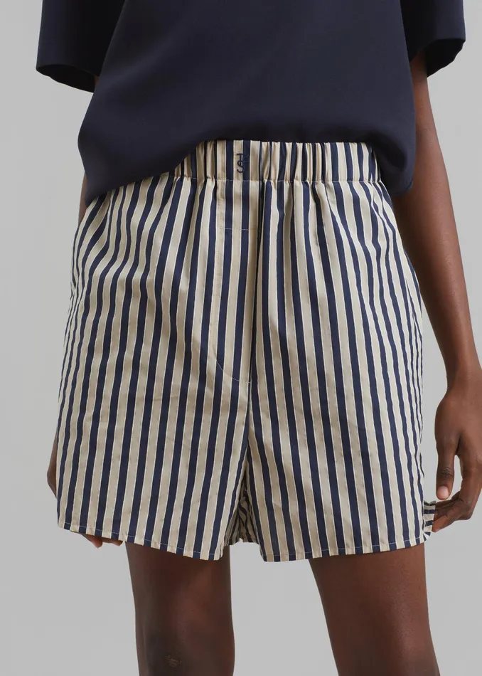 Women Lui Textured Boxer Shorts 8211 BeigeNavy Multi Stripe The Frankie Shop Bottoms