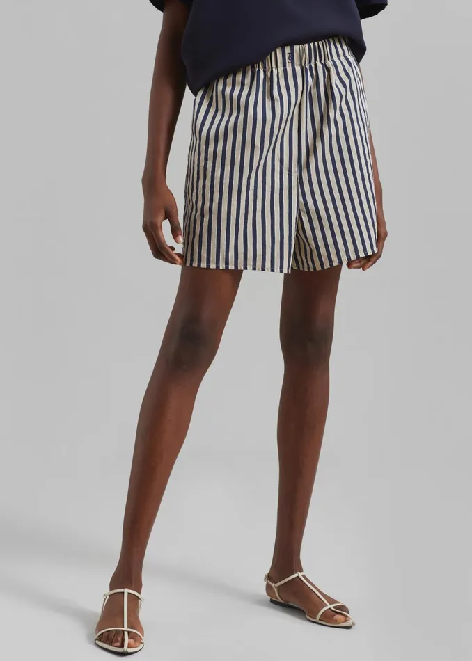 Women Lui Textured Boxer Shorts 8211 BeigeNavy Multi Stripe The Frankie Shop Bottoms
