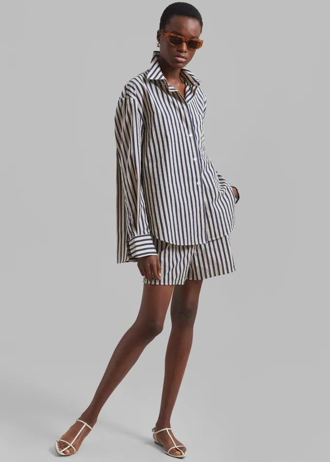 Women Lui Textured Shirt 8211 BeigeNavy Multi Stripe The Frankie Shop Tops