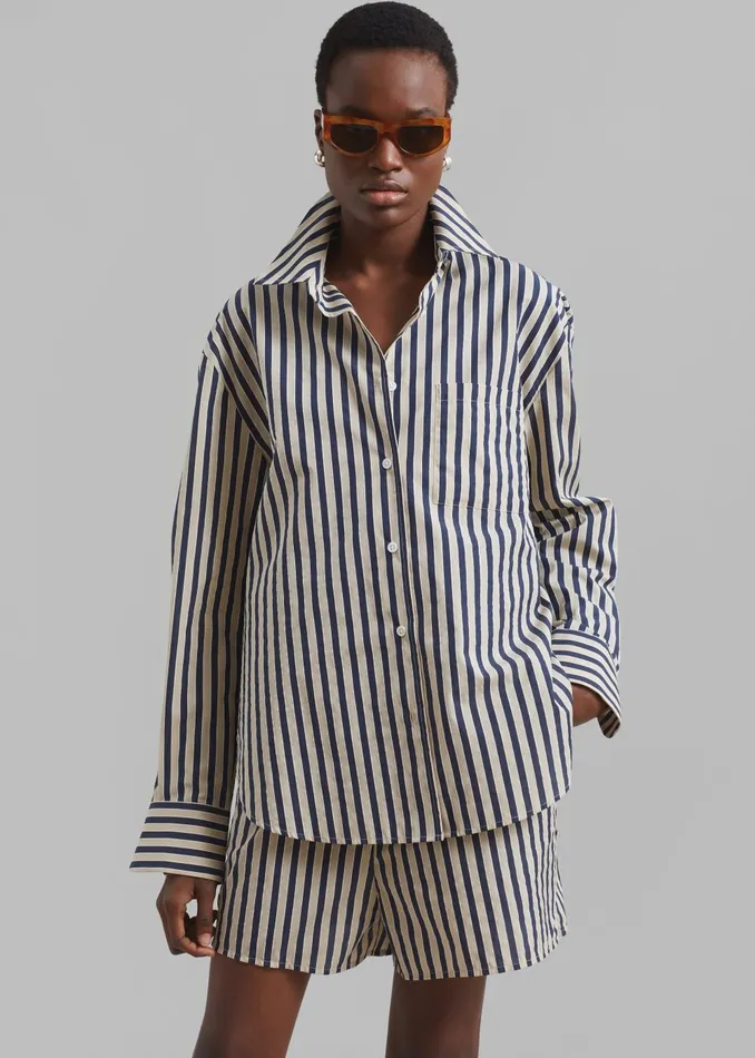 Women Lui Textured Shirt 8211 BeigeNavy Multi Stripe The Frankie Shop Tops