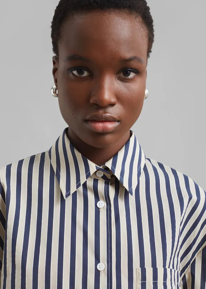 Women Lui Textured Shirt 8211 BeigeNavy Multi Stripe The Frankie Shop Tops