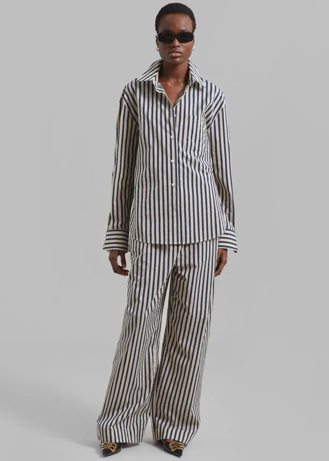 Women Lui Textured Shirt 8211 BeigeNavy Multi Stripe The Frankie Shop Tops