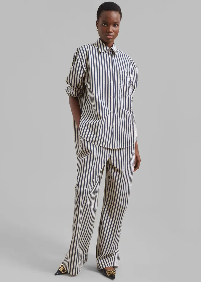 Women Lui Textured Shirt 8211 BeigeNavy Multi Stripe The Frankie Shop Tops